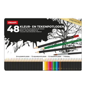 Creakit Kleur- en tekenpotloden met penseel in blik 48 stuks PREMIUM