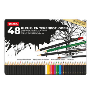 Creakit Kleur- en tekenpotloden met penseel in blik 48 stuks PREMIUM