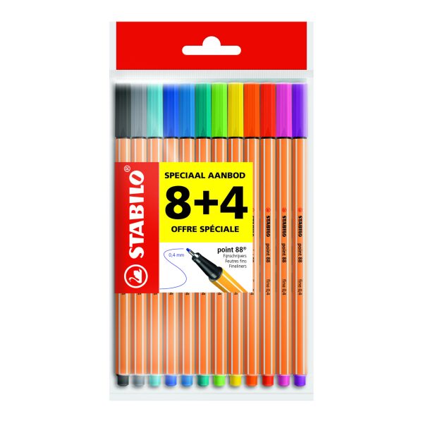 Stabilo fineliner point88 basis kleuren etui 12 stuks